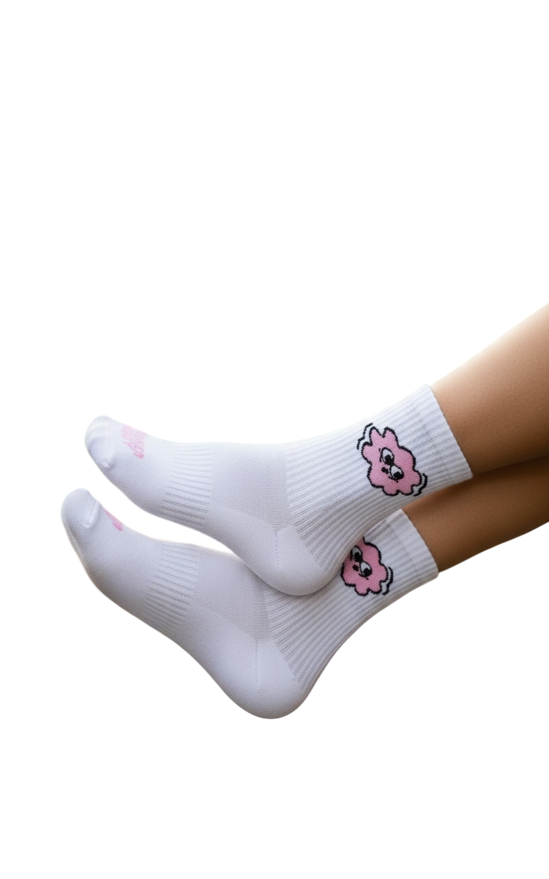 "Side Eye Bloom" White and Pink Socks